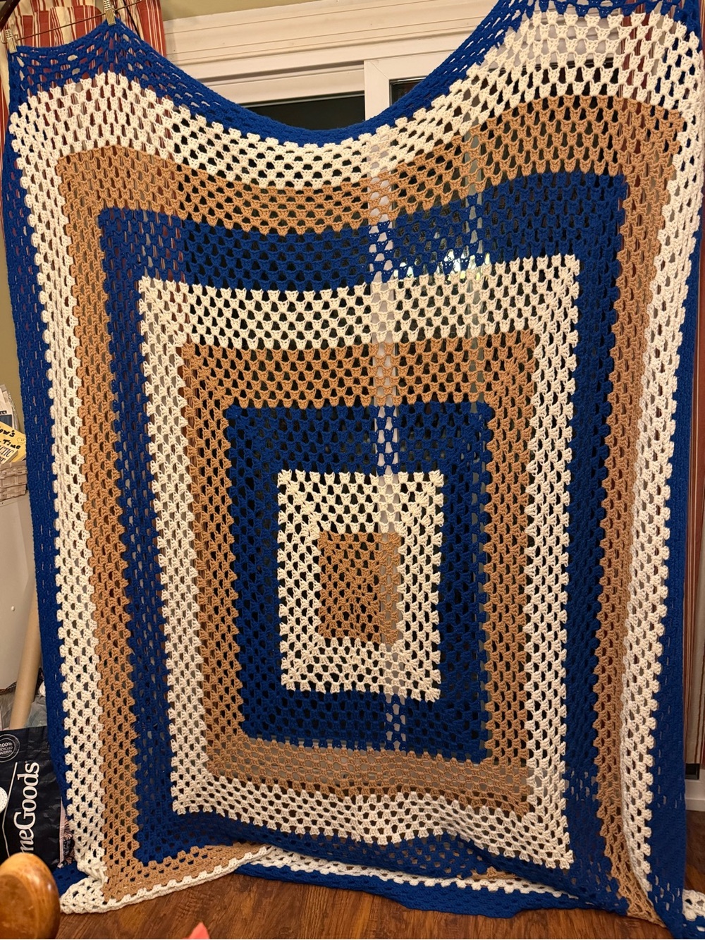 Handmade Crochet Throw Blanket in Blue, White & Tan Boho Vintage